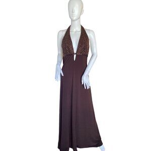 Laundry by Shelli Segal Women's Brown Rhinestone Halter Evening Gown Size 8